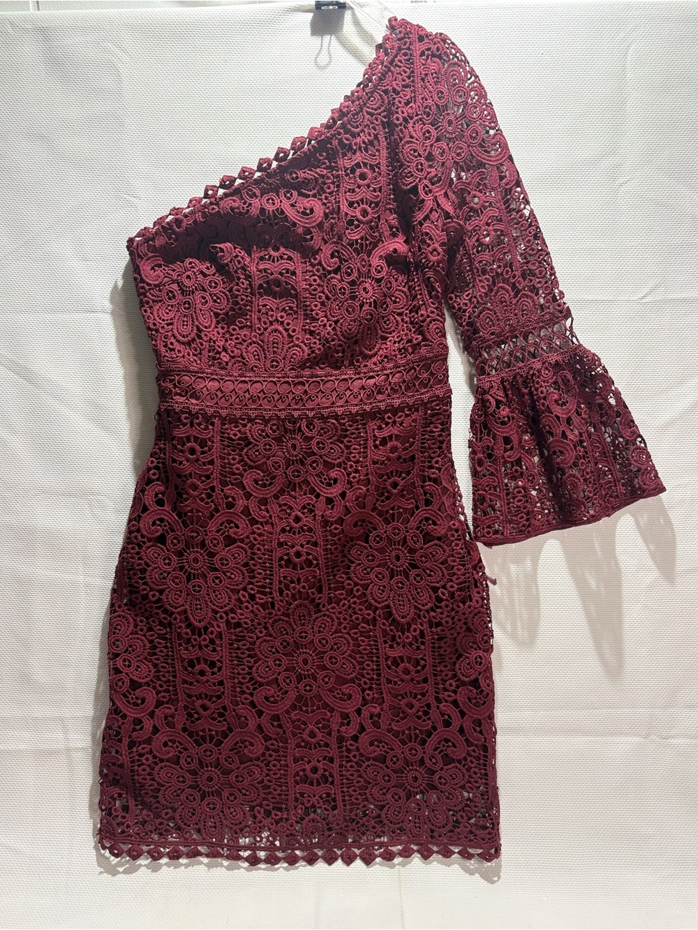 Lulus Dreamy Date Burgundy Crochet Lace One-Shoulder Mini Dress XS
